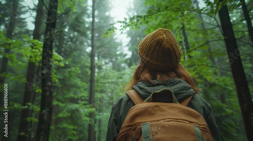 In the middle of the vast forest, a tourist with a backpack walks, admiring the beautiful nature of the rainy season. She feels relaxed because of the nature before her.