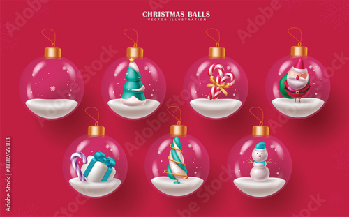 Christmas crystal ball vector set design. Christmas glass balls with santa claus and snowman characters, pine tree, candy cane and gift box  elements in red background for holiday decoration. Vector 