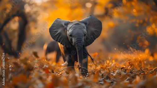 A baby elephant is walking through a field of leaves