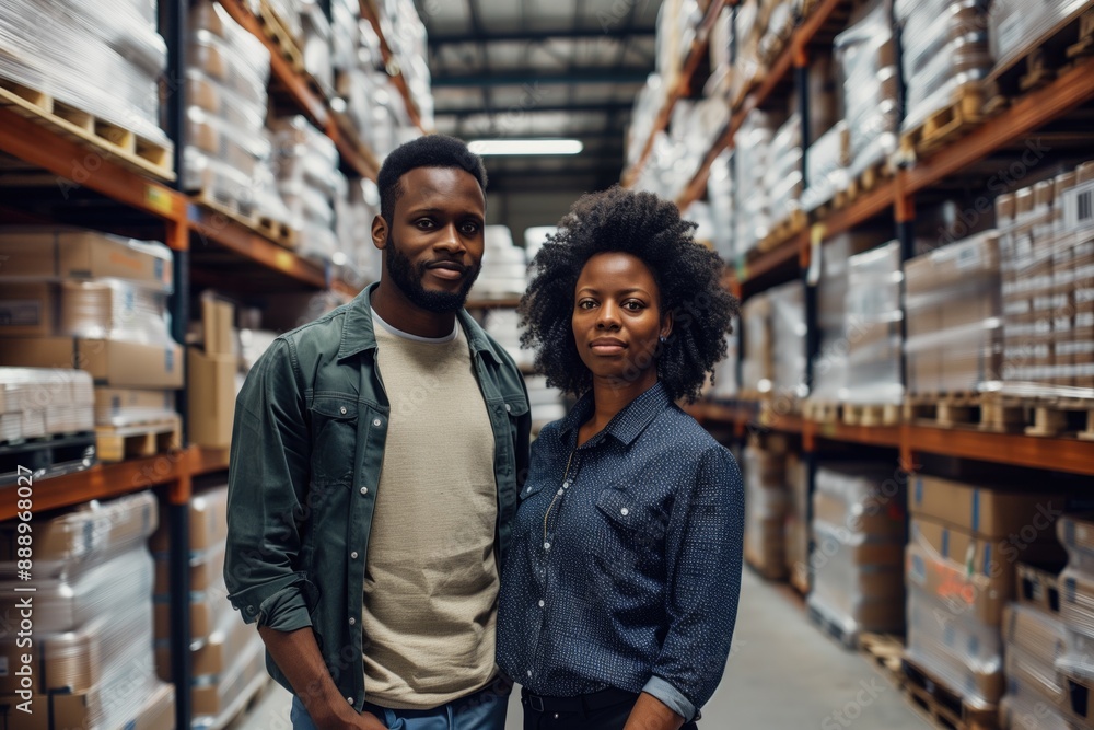 Two online store owners posing amongst tall shelves filled with various packages and boxes. Logistics, inventory management, supply chain, teamwork, warehouse operations, e-commerce. Two online store owners posing amongst tall shelves filled with various packages and boxes. Logistics, inventory management, supply chain, teamwork, warehouse operations, e-commerce.