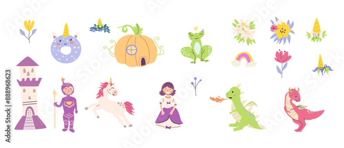 Childrens fairy characters and magic element set. Collection of funny unicorns with princess, castle, knight, dragon, falling star, fairy animal with horn. Fantasy world clipart elements, sticker pack