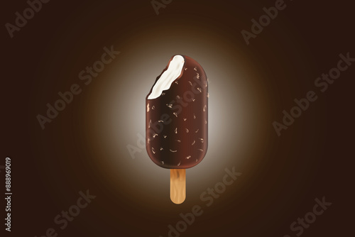 Realistic chocolate ice cream. Vector ad poster Icecream on stick. Sweet creamy dessert, dairy frozen summer food.