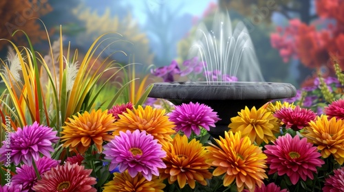 Colorful garden scene with blooming chrysanthemums, ornamental grasses, and a stone fountain photo