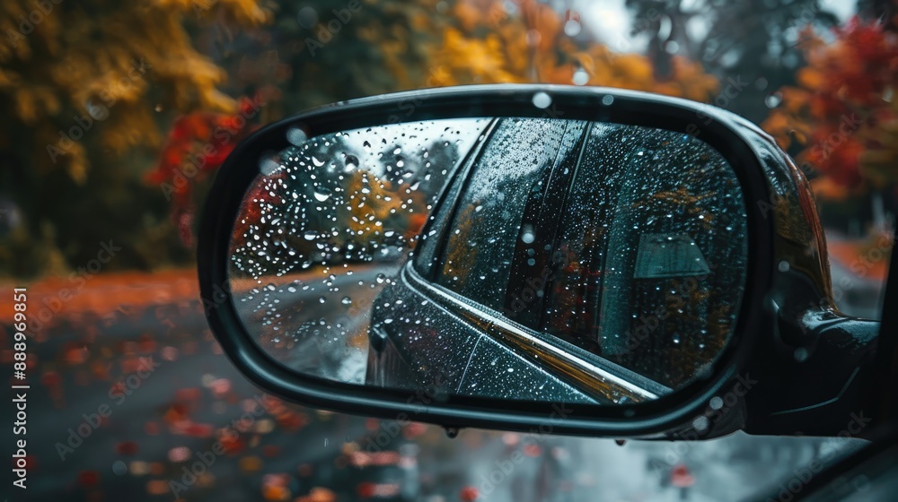 Gray autumn cloudy photo from the car window through the glass with raindrops view of the side rear view mirror Gray autumn cloudy photo from the car window through the glass with raindrops view of the side rear view mirror