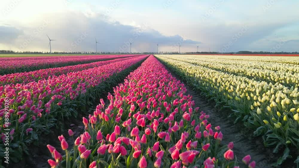 Aerial view of vibrant tulip fields with wind turbine at sunrise, Lisse, Netherlands. Aerial view of vibrant tulip fields with wind turbine at sunrise, Lisse, Netherlands.