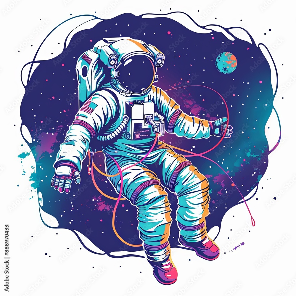 A colorful astronaut is floating in space with a planet in the background A colorful astronaut is floating in space with a planet in the background
