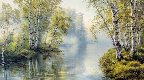 Spring in all its glory Beautiful river with forest banks and birch trees in fresh foliage Fog crawls over water as band brilliant haze in sunlight reflection in calm water game fish