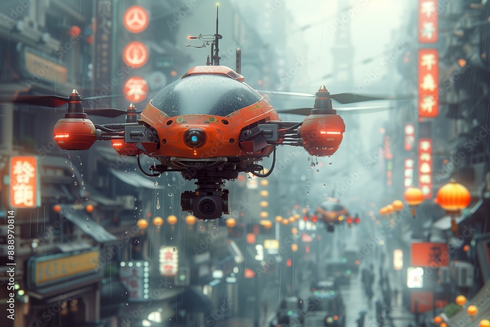 Futuristic Drone Flying Through Rainy City Street Futuristic Drone Flying Through Rainy City Street