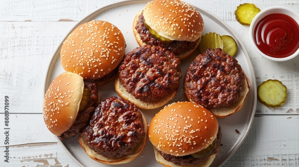 Midwestern Loose Meat Sandwiches Juicy burgers of ground beef with pickles raw onion and ketchup on plate on white wooden table horizontal view from above flat lay close up Midwestern Loose Meat Sandwiches Juicy burgers of ground beef with pickles raw onion and ketchup on plate on white wooden table horizontal view from above flat lay close up
