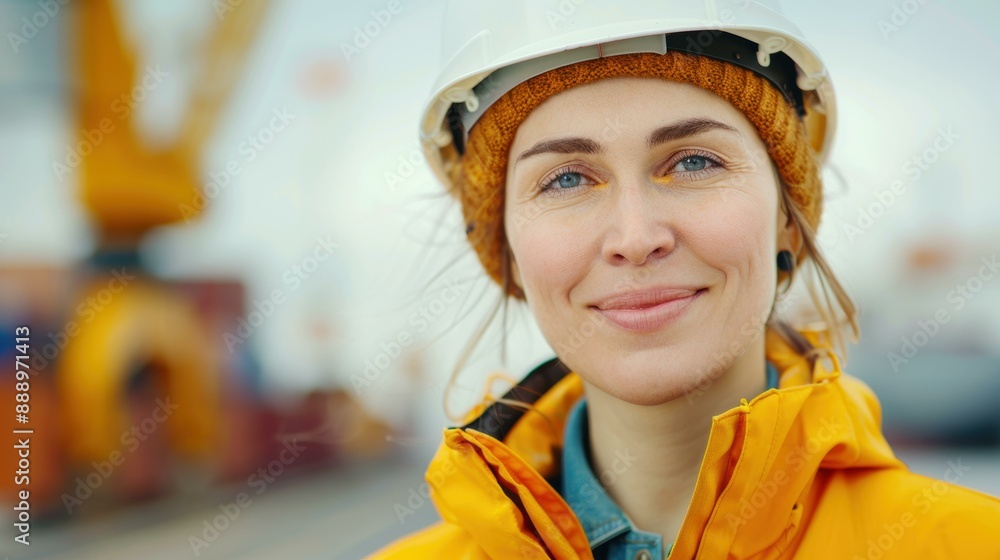 Close-up portrait of a smiling woman in a yellow safety jacket and helmet, with a blurred industrial background. Close-up portrait of a smiling woman in a yellow safety jacket and helmet, with a blurred industrial background.