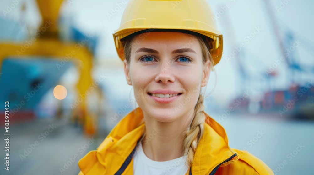Close-up portrait of a smiling worker wearing a yellow hard hat and jacket, with a bright and cheerful expression. Close-up portrait of a smiling worker wearing a yellow hard hat and jacket, with a bright and cheerful expression.