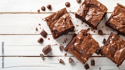 Brownies pieces over white wooden table photo