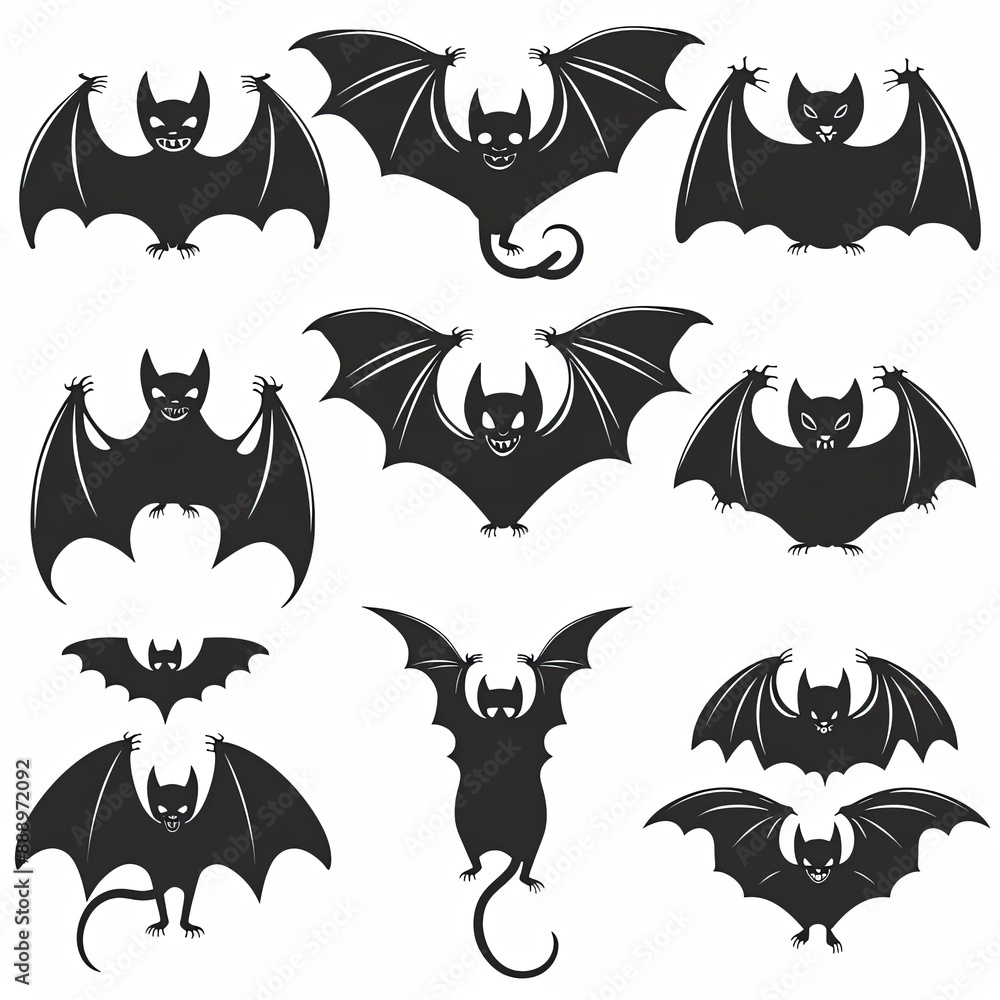Bats silhouettes for Halloween. Black vampire animals with wings isolated on a white background. Monochrome icons depicting creepy and spooky creatures Bats silhouettes for Halloween. Black vampire animals with wings isolated on a white background. Monochrome icons depicting creepy and spooky creatures