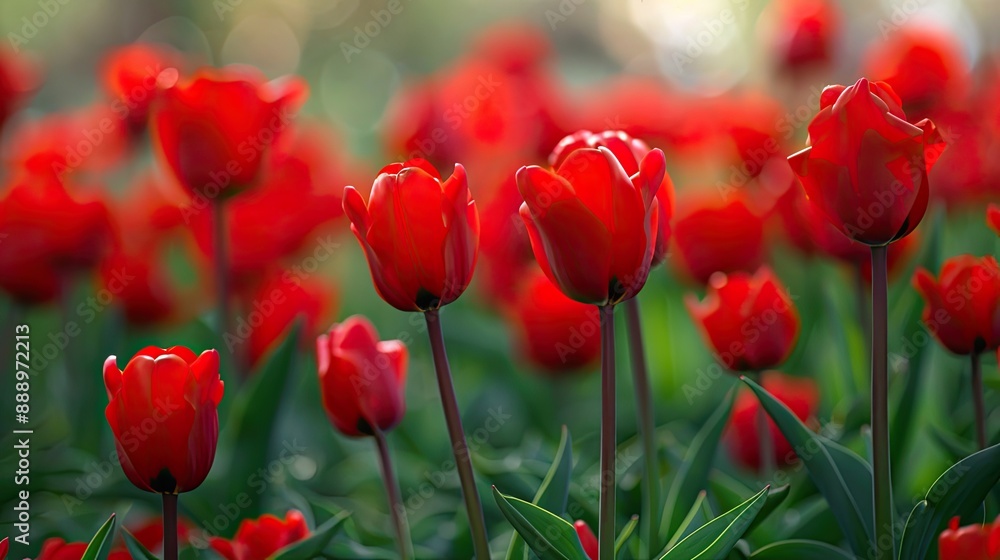 Obraz premium Red flower of tulip sort Red Princess Hybrids of tulips a beautiful spring bulbs Growing bulbous flowers in the garden
