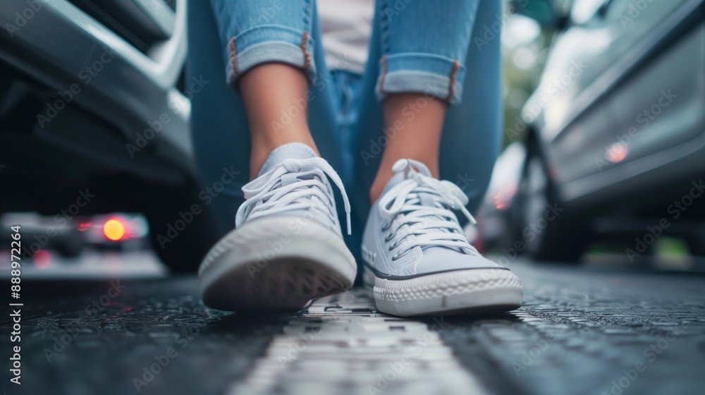 Woman in sneakers pushing on pedal of car brake, closeup Woman in sneakers pushing on pedal of car brake, closeup