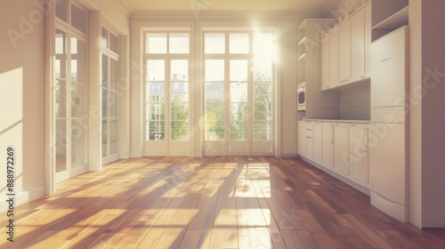 Wallpaper Mural an empty living room with wood floors and white appliances in the room is well lit by the sun shining through the windows Torontodigital.ca