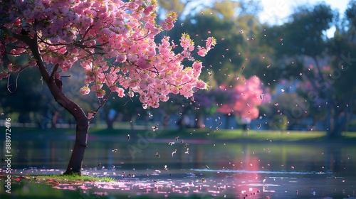 An enchanting view of a cherry tree covered in blossoms with bees swarming around, highlighting the beauty and productivity of spring  photo