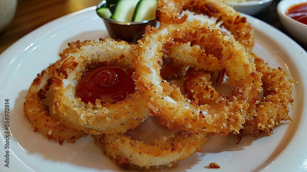Deep fried onion rings covered in breadcrumbs with ketchup Deep fried onion rings covered in breadcrumbs with ketchup