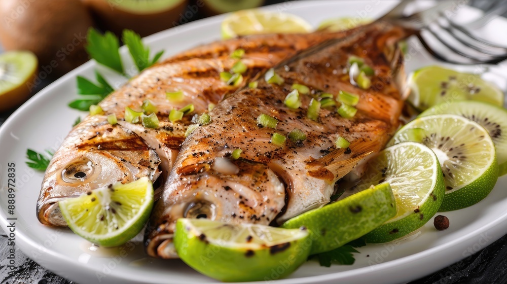 Tasty roast pelengas on the plate Appetizing fish with kiwi and lime Tasty roast pelengas on the plate Appetizing fish with kiwi and lime