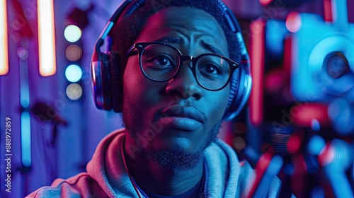 Young black man in eyeglasses and headphones looking in smartphone camera during livestream or recording new video for online audience photo