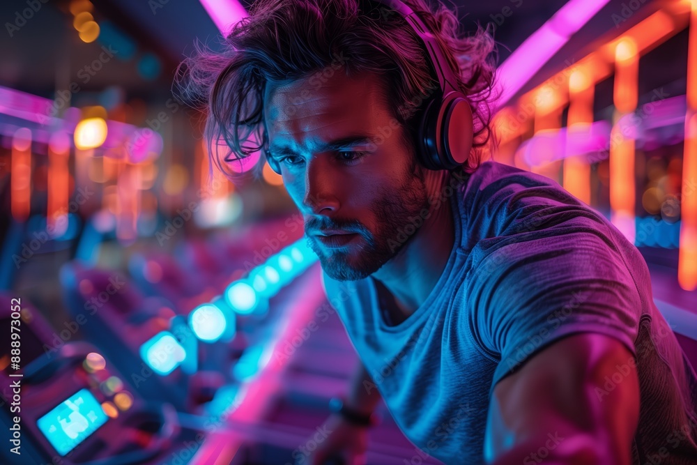 Man Working Out on Treadmill in Neon Lit Gym at Night Man Working Out on Treadmill in Neon Lit Gym at Night