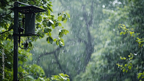 Rain gauge water aerial rainfall shot tower forest wood science research scientific weather meteorology funnel falling atmospheric onto precipitation measurement equipment station plastic machine