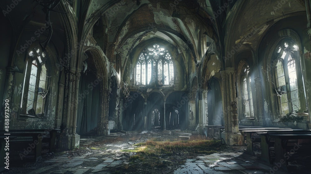 Large hall of abandoned building in gothic style Large hall of abandoned building in gothic style