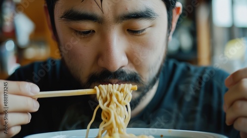 Close-Up of a Man Eating Noodles with Chopsticks