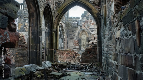 Ruined medieval stone walls of the eastern end of destroyed choir and tower of St Johns church in Chester