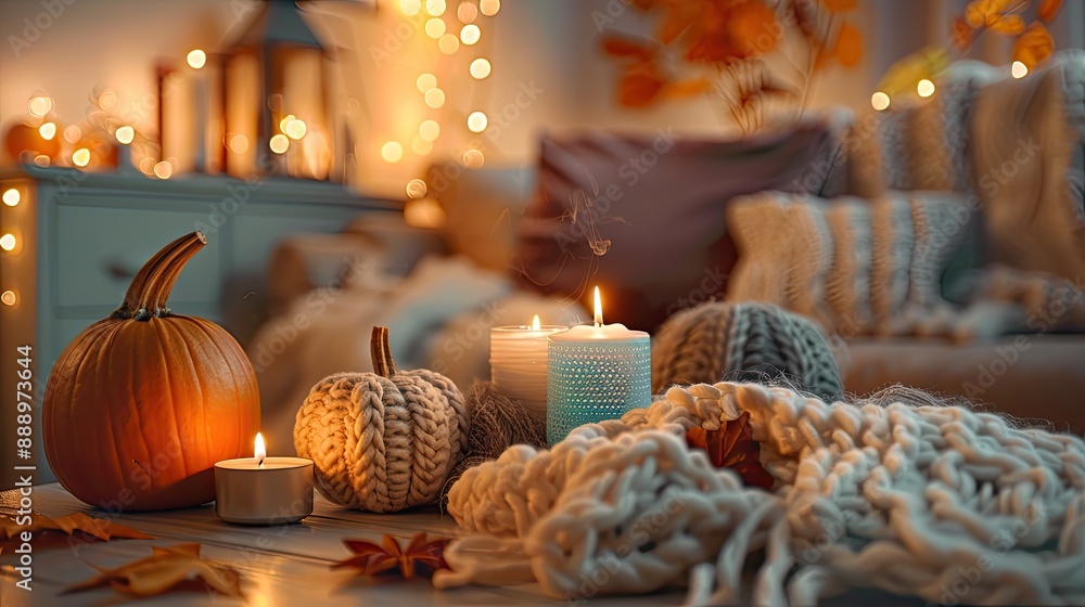 Home comfort coziness aromatherapy Cozy interior with knitting burning candles and aroma perfume diffuser in living room Pumpkin spicy sweet pie fall fragrance autumn scent relaxation banner Home comfort coziness aromatherapy Cozy interior with knitting burning candles and aroma perfume diffuser in living room Pumpkin spicy sweet pie fall fragrance autumn scent relaxation banner