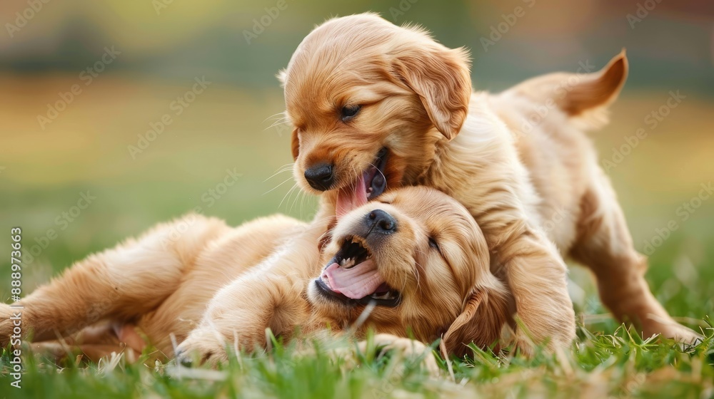 Young golden retriever puppies playing on grass Young golden retriever puppies playing on grass