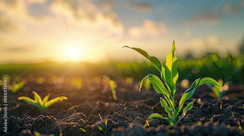 Fototapeta premium Young green corn growing on the field at sunset Young Corn Plants Corn grown in farmland Maize seedling in the agricultural garden with blue sky Green maize plants on field Agricultural landscape