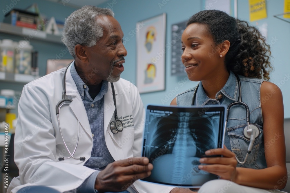 Fototapeta premium A doctor examines a patient's X-ray on a lightbox while the patient sits nearby The doctor explains the findings pointing to specific areas on the image The patient nods showing understanding and