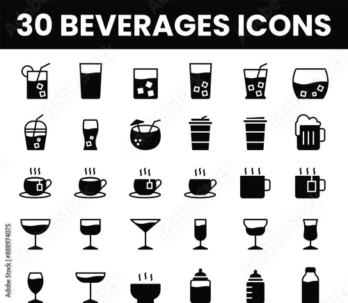 30 Minimalist Outline Beverage Fill Icons Set - High-Quality Line Art Illustrations for Drinks, Coffee, Tea, Cocktails, Milk, Soda, Iced Tea, Hot Soup and More