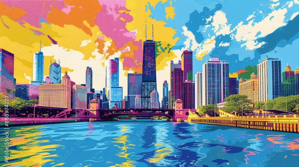 Naklejka premium Pop art artistic image of create an image for a shopify website banner whimsical with chicago skyline and latino flair