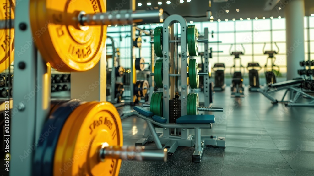 A gym with a yellow weight and a blue weight A gym with a yellow weight and a blue weight