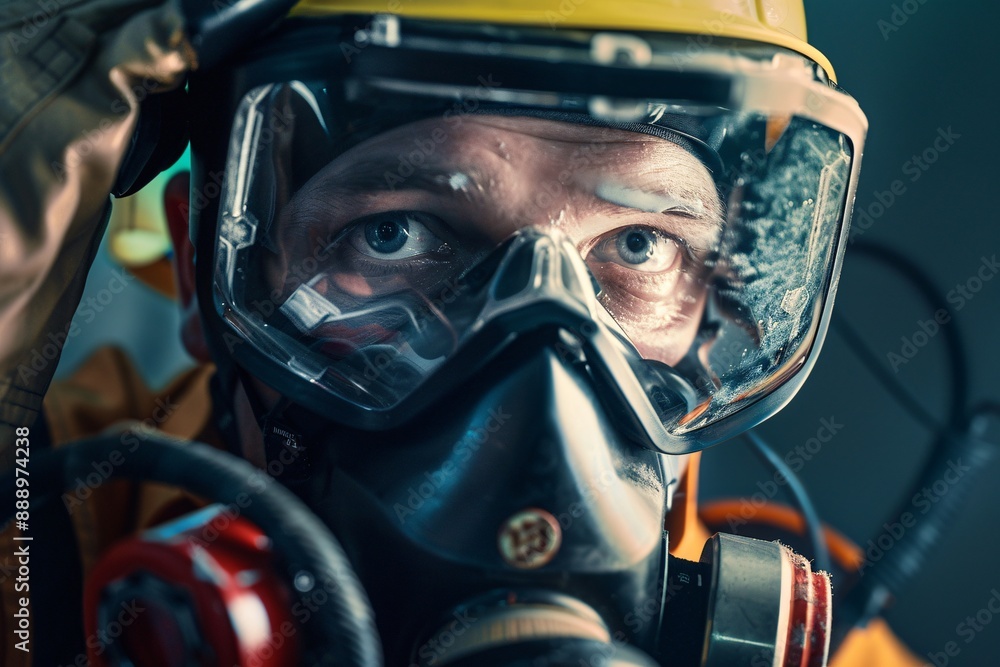 A man wearing a full-face respirator mask looks directly at the camera with a serious expression A man wearing a full-face respirator mask looks directly at the camera with a serious expression