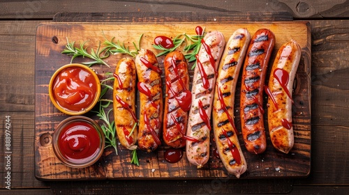 Wallpaper Mural A mix of grilled sausages Bavarian round Cumberland bratwurst with ketchup and sauce on a wooden table German sausage menu Torontodigital.ca