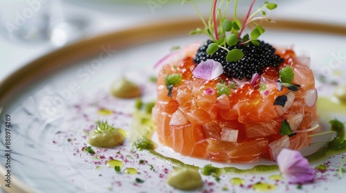 Salmon tartar with black caviar and radish photo