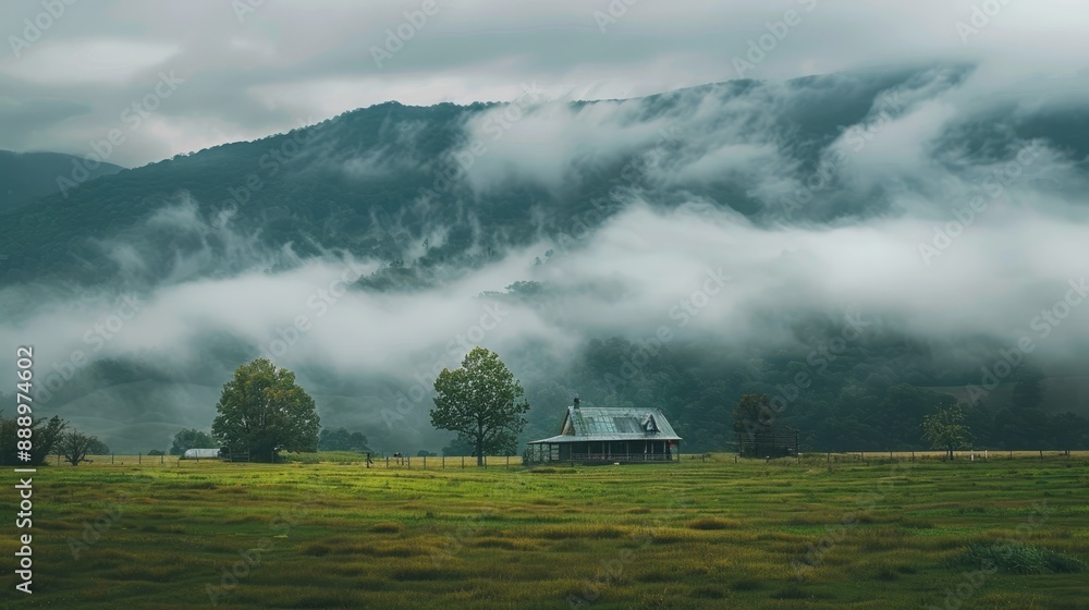 Beautiful open field farm house with mountain view full of clouds and mist Beautiful open field farm house with mountain view full of clouds and mist