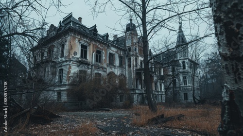 Abandoned creepy looking tall old trees without leaves in front of old abandoned hotel building Creepy haunted hotel with dark horror atmosphere and spooky details Scary view of ancient mansion