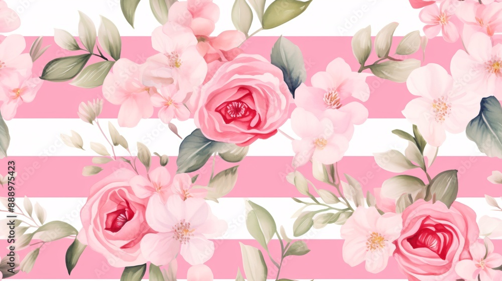 Watercolor elegant fabric stripe background with Camellia japonica flowers and leaves, featuring warm stripes and pink blossoms Watercolor elegant fabric stripe background with Camellia japonica flowers and leaves, featuring warm stripes and pink blossoms