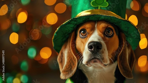 A funny beagle dog in a carnival costume for the Irish holiday of St Patrick s Day photo