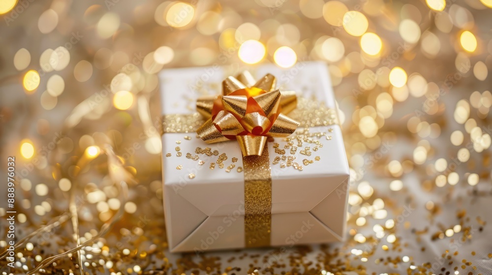 Festive and elegant white gift box with a gold base filled with glistening gold shredded paper at a backdrop with bokeh lights Holiday gift or celebration themes Festive and elegant white gift box with a gold base filled with glistening gold shredded paper at a backdrop with bokeh lights Holiday gift or celebration themes