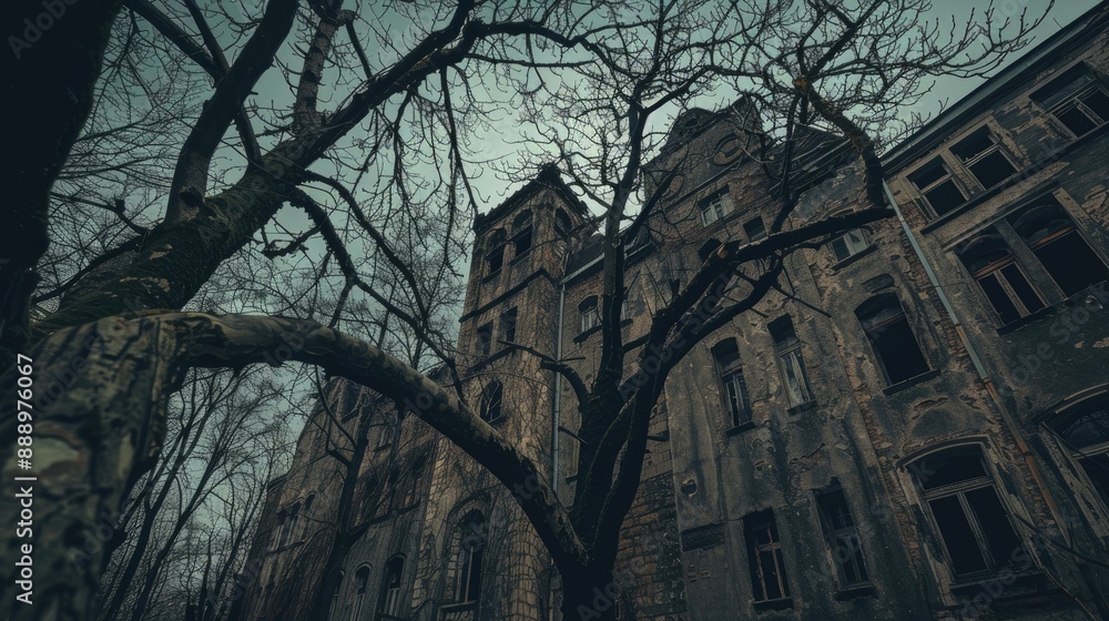 Abandoned creepy looking tall old trees without leaves in front of old abandoned hotel building Creepy haunted hotel with dark horror atmosphere and spooky details Scary view of ancient mansion Abandoned creepy looking tall old trees without leaves in front of old abandoned hotel building Creepy haunted hotel with dark horror atmosphere and spooky details Scary view of ancient mansion