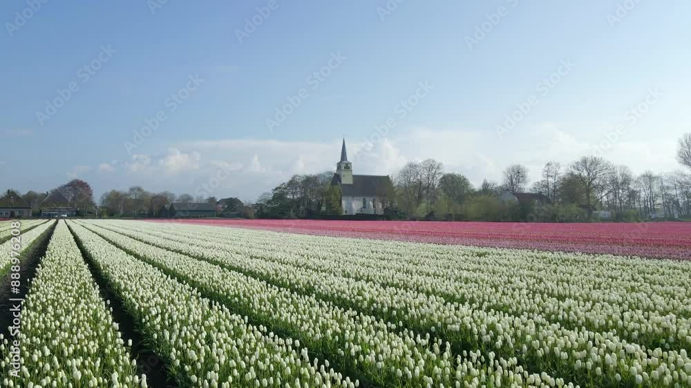 Aerial view of colorful tulip fields with church at sunrise, Lisse, Netherlands. Aerial view of colorful tulip fields with church at sunrise, Lisse, Netherlands.