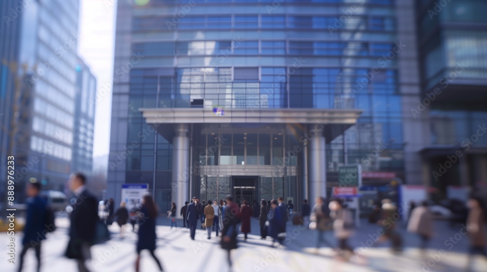 Obraz premium blurry out of focus photo of group of professionals in front of an office building, on a sunny spring day. place is south korea