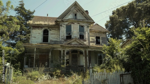 abandoned and boarded up old victorian house