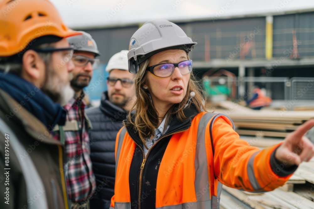 A female construction manager in safety gear directing workers at a construction site. A female construction manager in safety gear directing workers at a construction site.