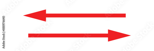 Long red arrows icon set. Red arrow pointing right and left direction in flat style on white background. Replaceable vector design. red navigation, arrow cursor, exit, evacuation sign. 
